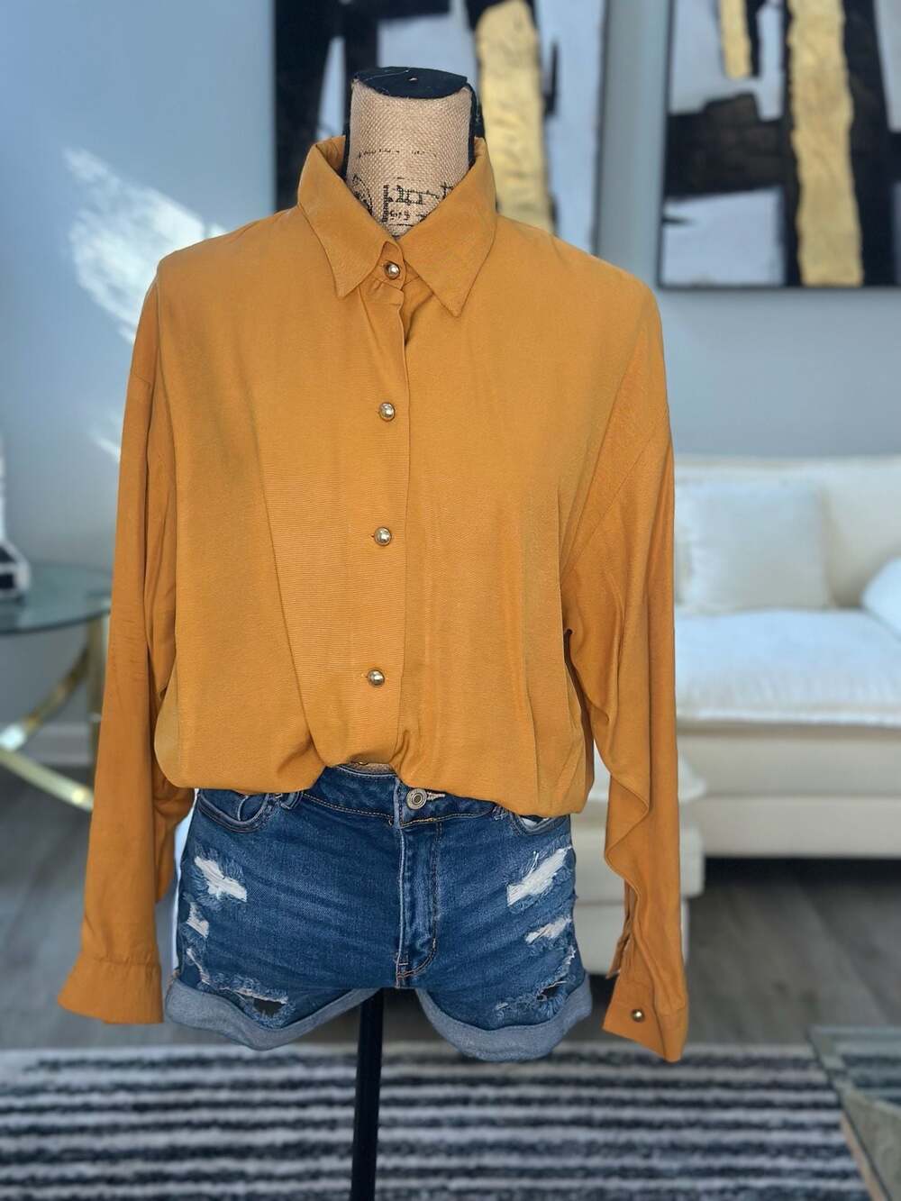 Vintage Mustard Yellow Button Down Long Sleeve Blouse with Gold Buttons
